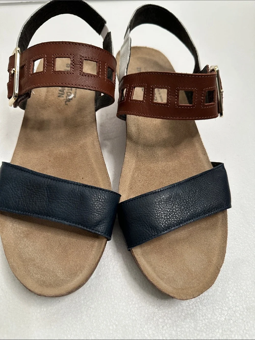 NAOT dynasty wedge Leather Slingback Sandals in Brown and Navy white size 4